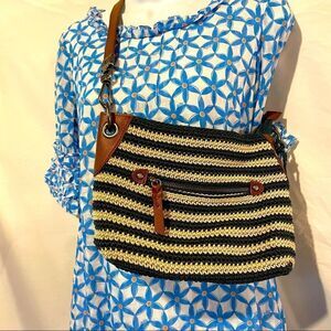 The Sak Indio Hand-crocheted striped woven bag cream navy leather shoulder bag
